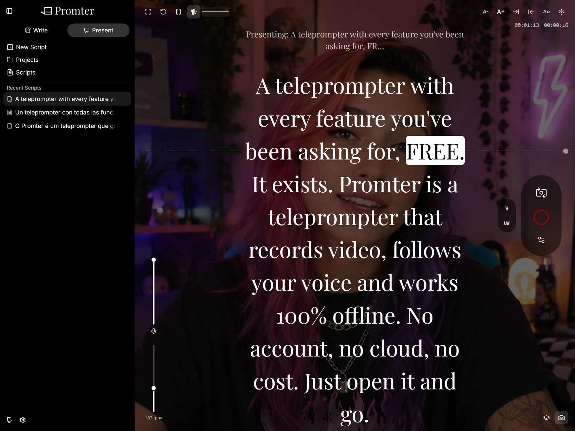 Promter recording full screen: the script scrolls over the camera preview with the record button on the right.