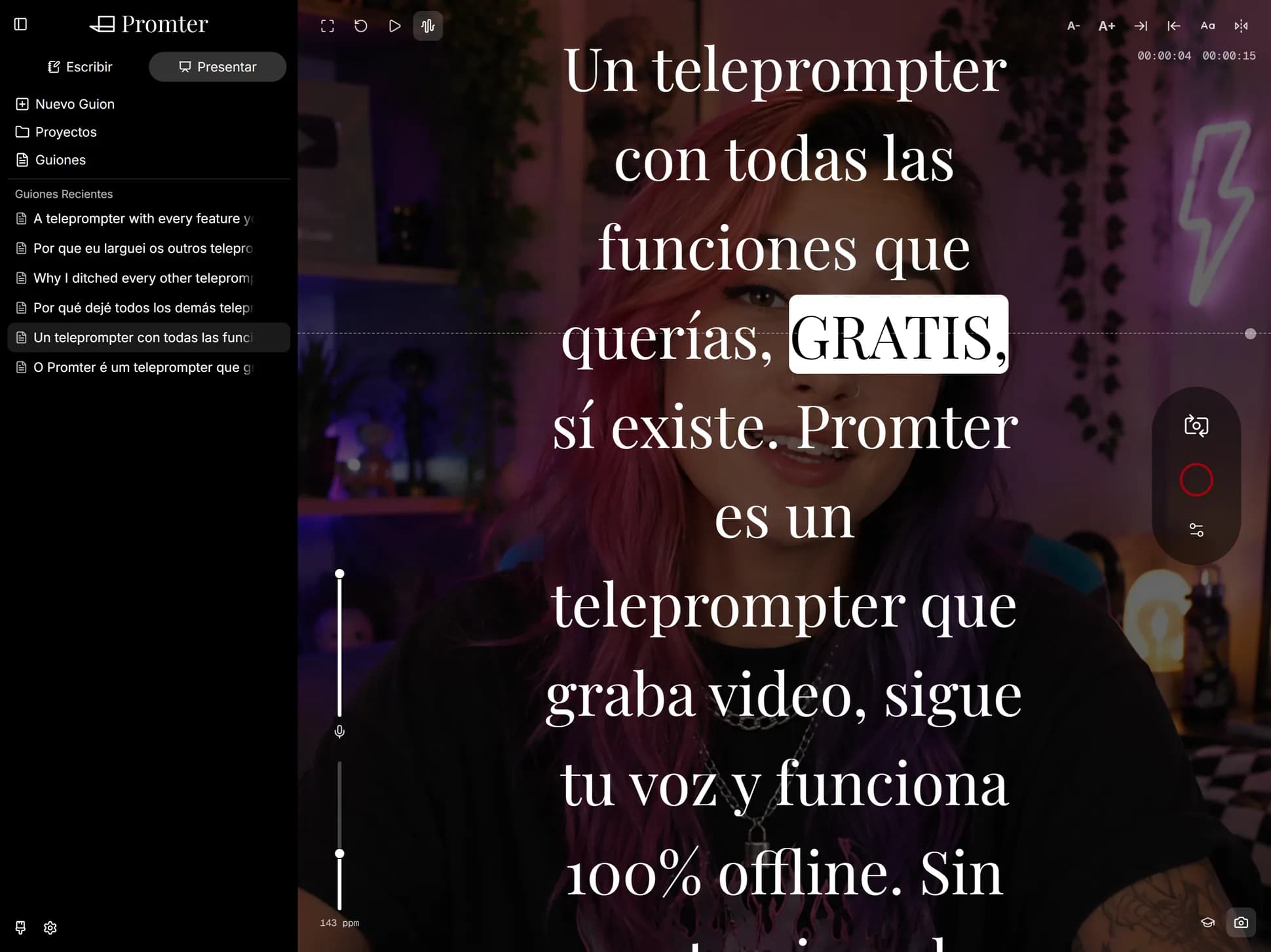Promter grabando en pantalla completa: el guion corre sobre el preview de la cámara y el botón de grabación queda a la derecha.