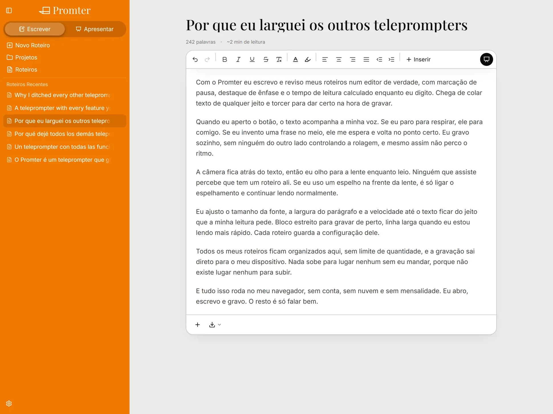 Editor de roteiro do Promter com a barra de formatação aberta, a contagem de palavras e o tempo de leitura acima do texto.