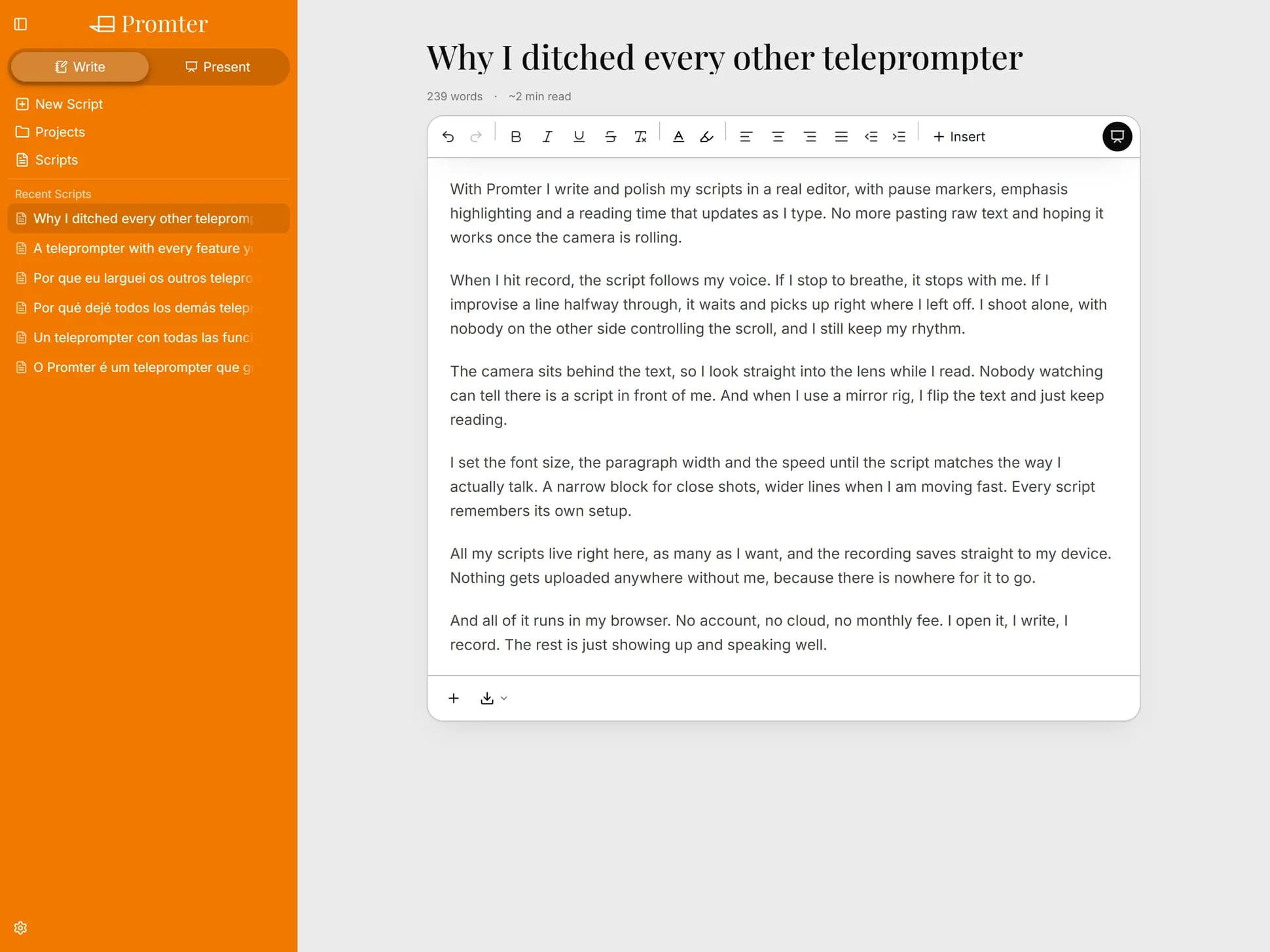 Promter's script editor with the formatting bar open, the word count and reading time above the text.