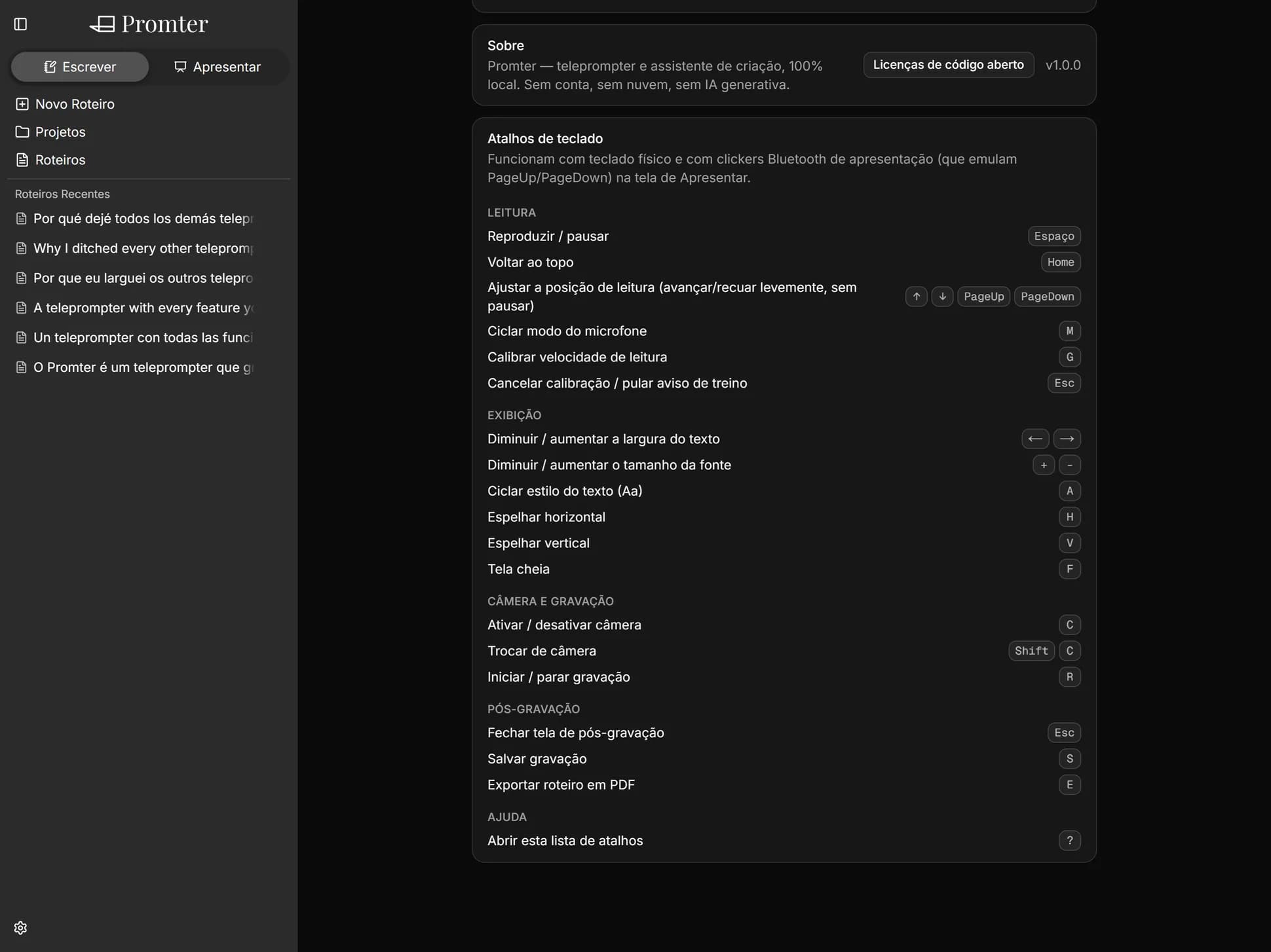Lista de atalhos de teclado do Promter, agrupada em leitura, exibição, câmera e gravação, com a tecla de cada ação à direita.