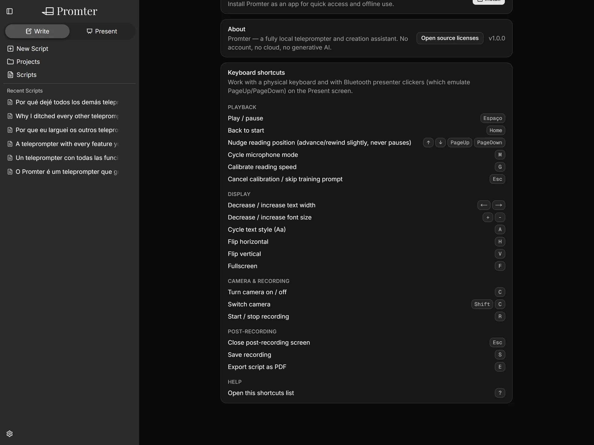 Promter's keyboard shortcut list, grouped into playback, display, and camera and recording, with each action's key on the right.