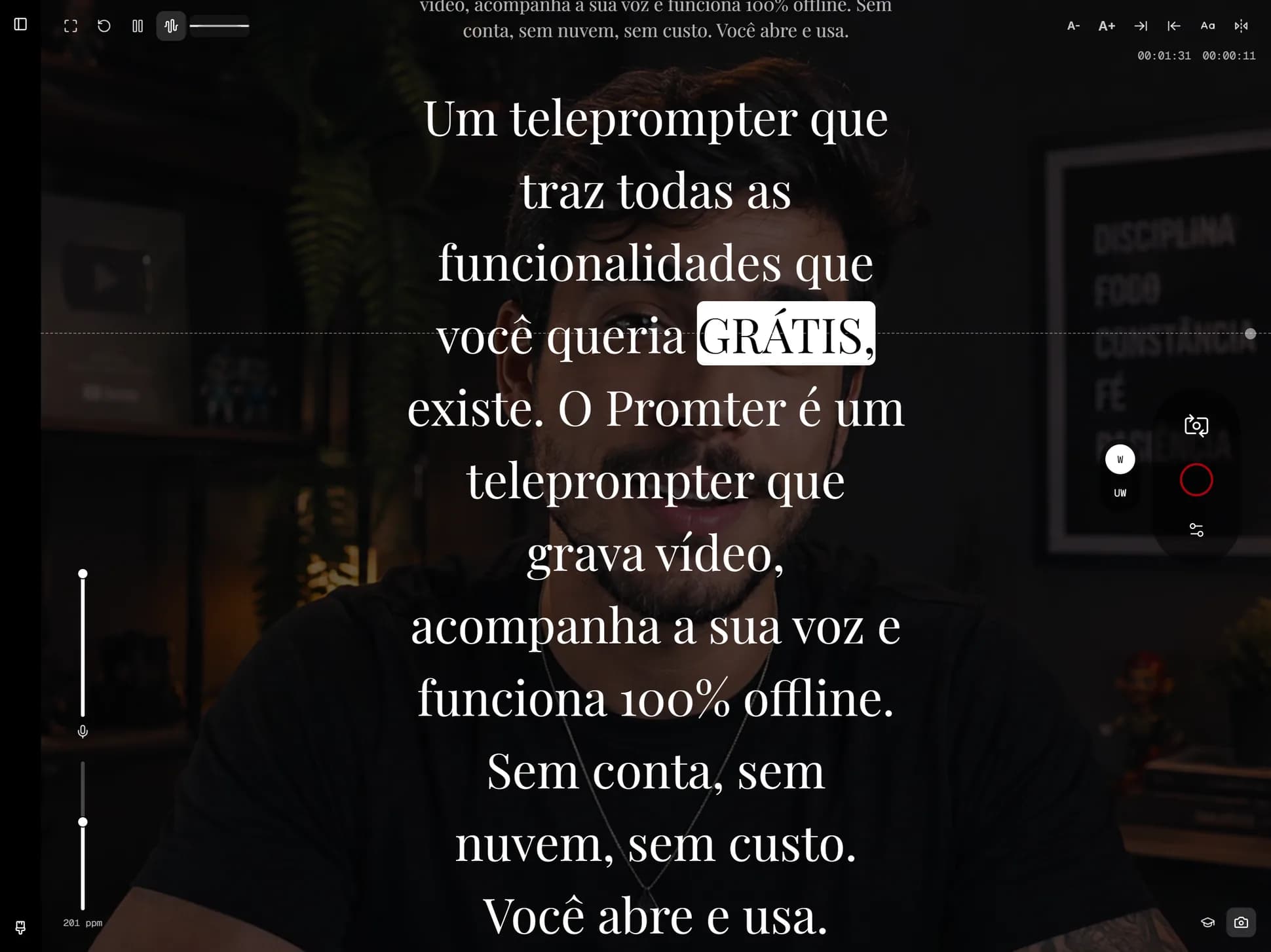 Tela de apresentação do Promter com a rolagem por voz ativa: a forma de onda do microfone ao vivo e o roteiro avançando palavra por palavra.
