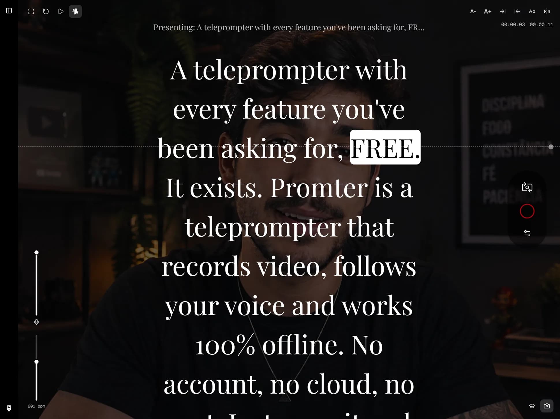 Promter's presentation screen with voice-paced scrolling active: the live mic waveform and the script advancing word by word.