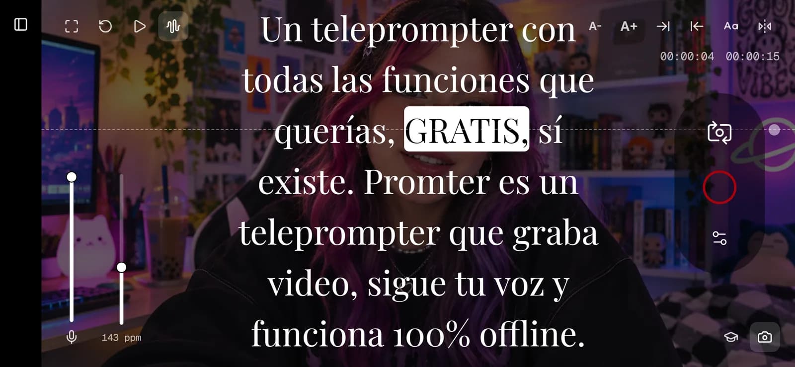 Pantalla de presentación de Promter: el guion corre en letras blancas sobre el preview en vivo de la cámara, con los controles de fuente y velocidad en los bordes.
