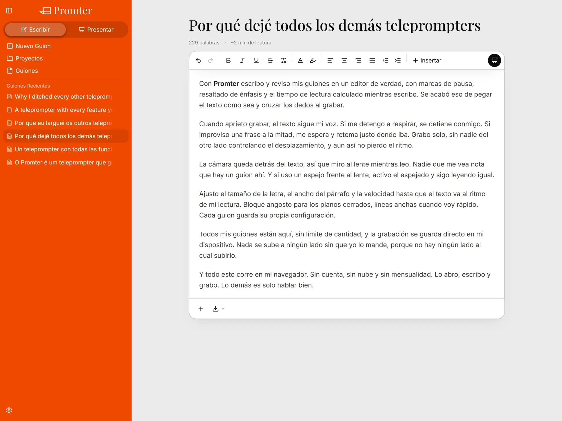 Editor de guiones de Promter con la barra de formato abierta, la lista de guiones en la barra lateral y el texto con formato al centro.