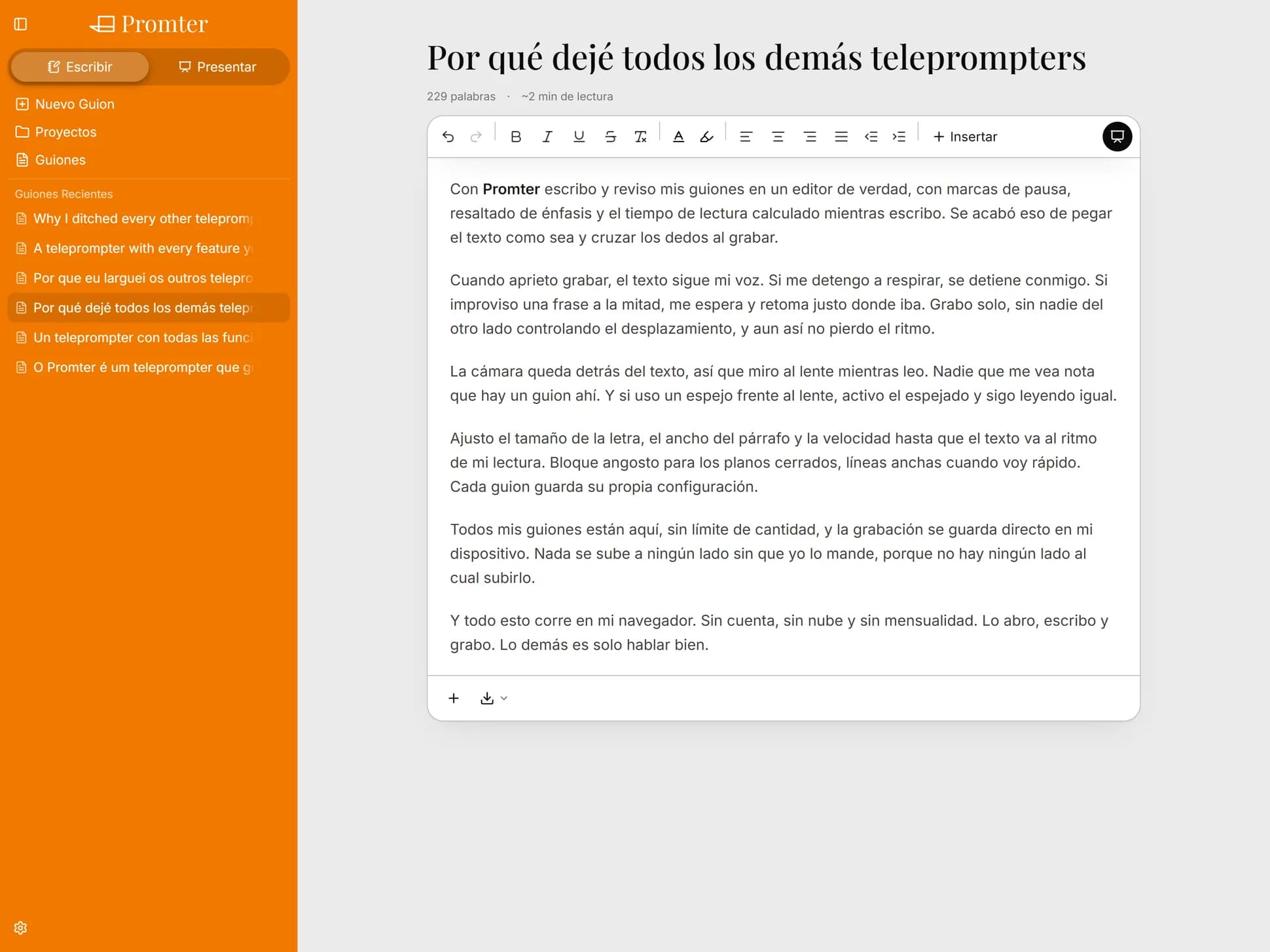 Editor de guiones de Promter con la barra de formato abierta, el conteo de palabras y el tiempo de lectura sobre el texto.