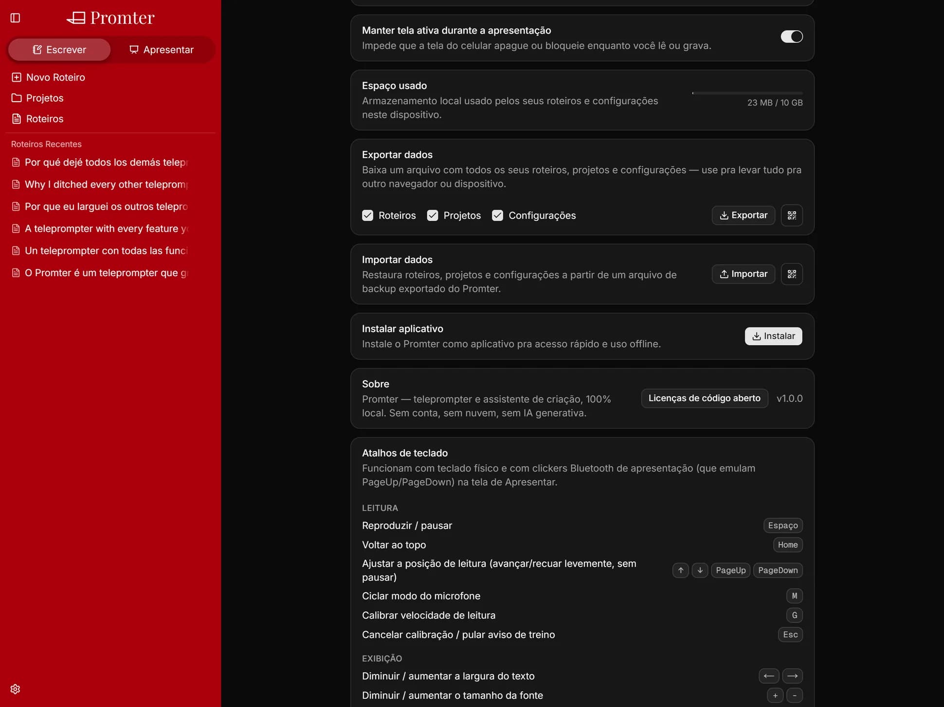 Configurações do Promter mostrando o medidor de armazenamento local, os botões de exportar e importar dados, e a opção de instalar como aplicativo.
