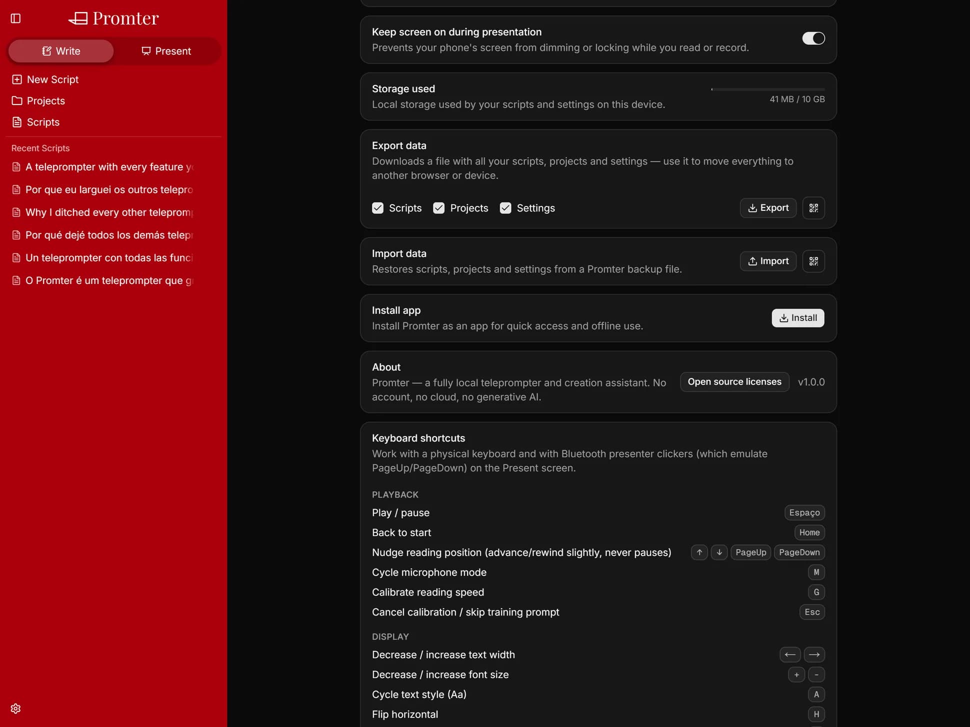 Promter's settings showing the local storage meter, the export and import buttons, and the option to install it as an app.