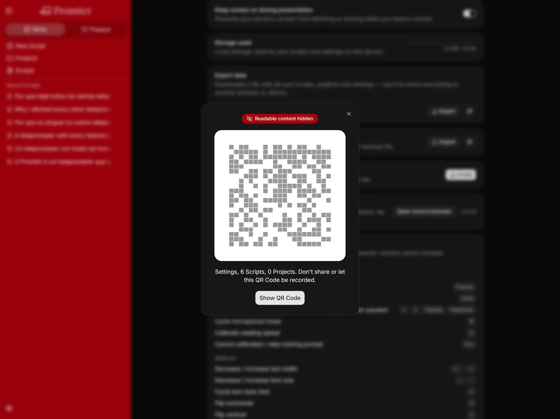 Promter's export screen with the backup QR code front and center, and the hidden-readable-content notice above it.
