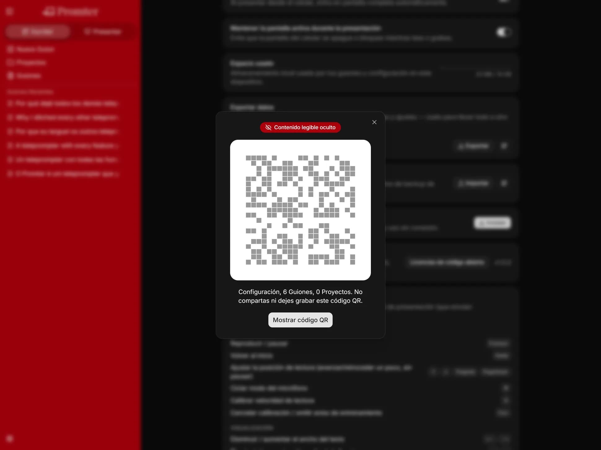 Pantalla de exportación de Promter con el código QR de respaldo al centro y el aviso de contenido legible oculto encima.