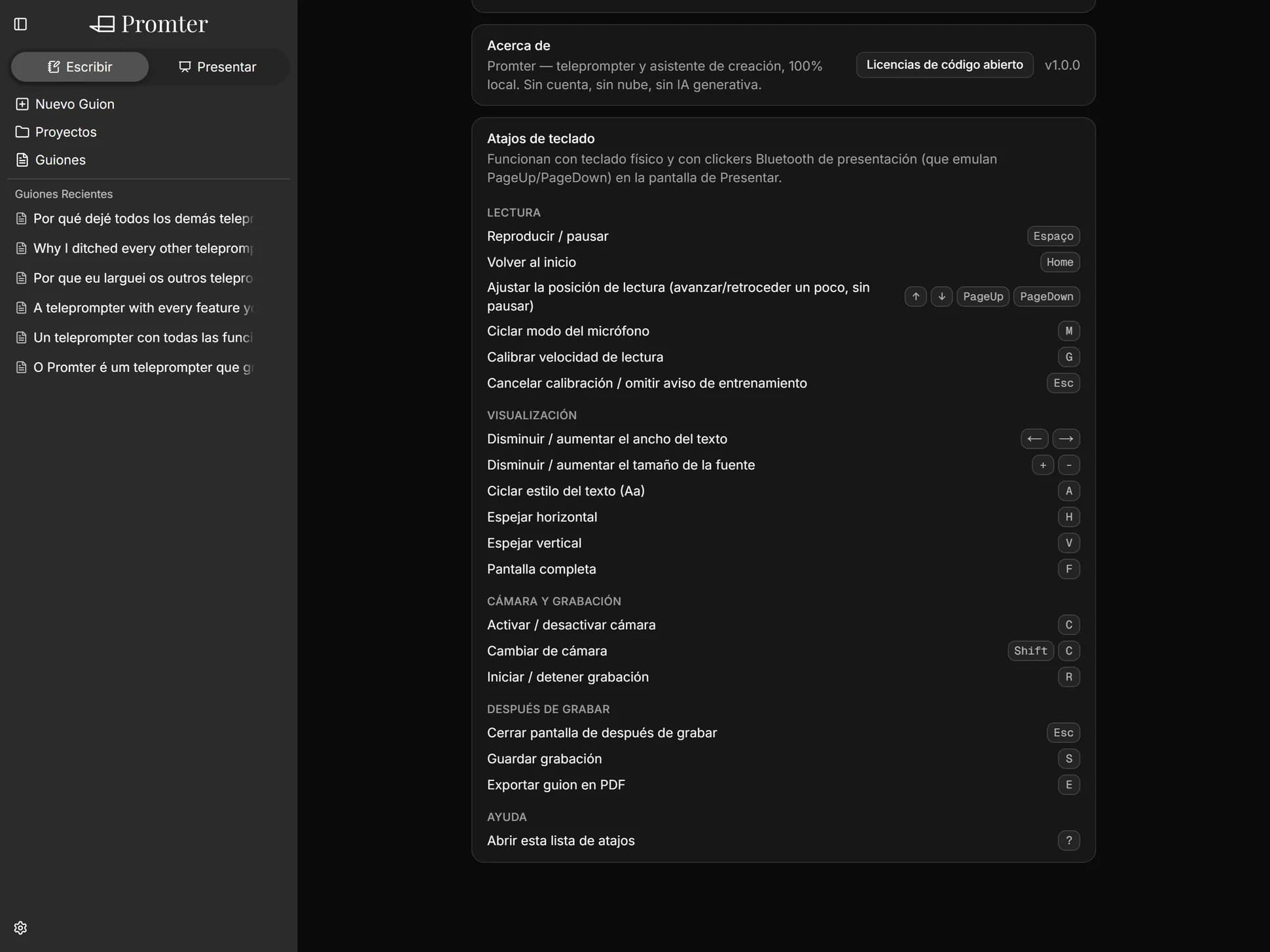 Lista de atajos de teclado de Promter, agrupada en lectura, visualización y cámara y grabación, con la tecla de cada acción a la derecha.