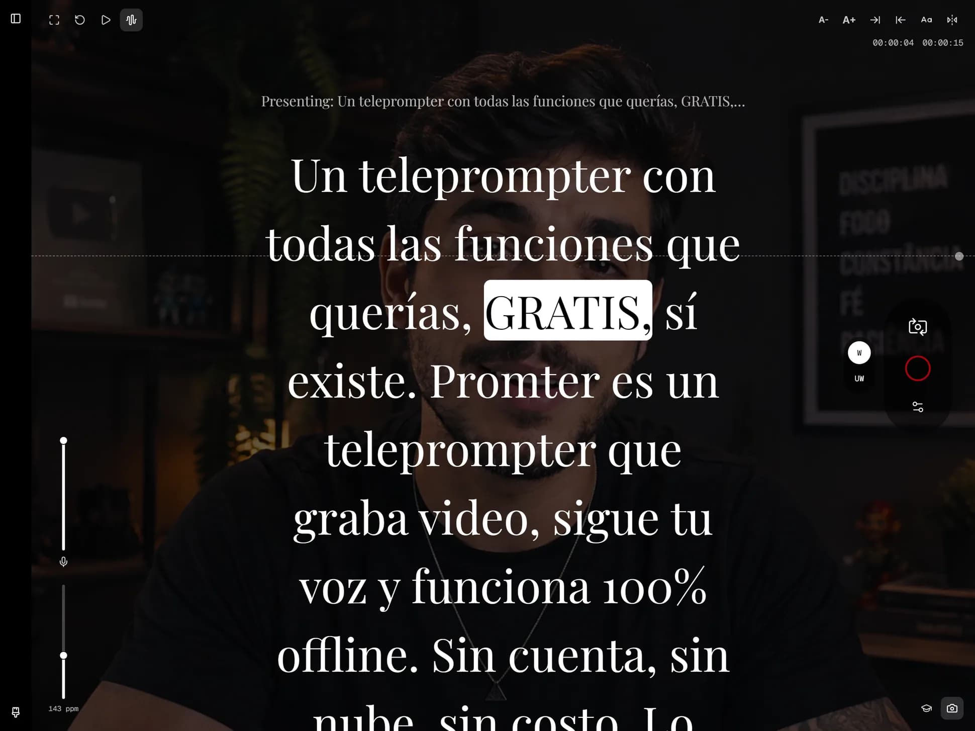 Pantalla de presentación de Promter con el desplazamiento por voz activo: la forma de onda del micrófono en vivo y el guion avanzando palabra por palabra.