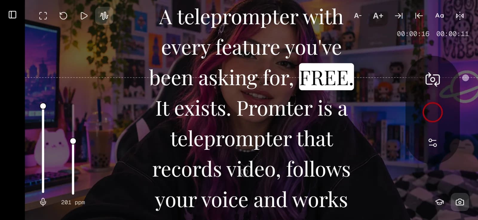 Promter's presentation screen: the script scrolls in white type over the live camera preview, with font and speed controls along the edges.