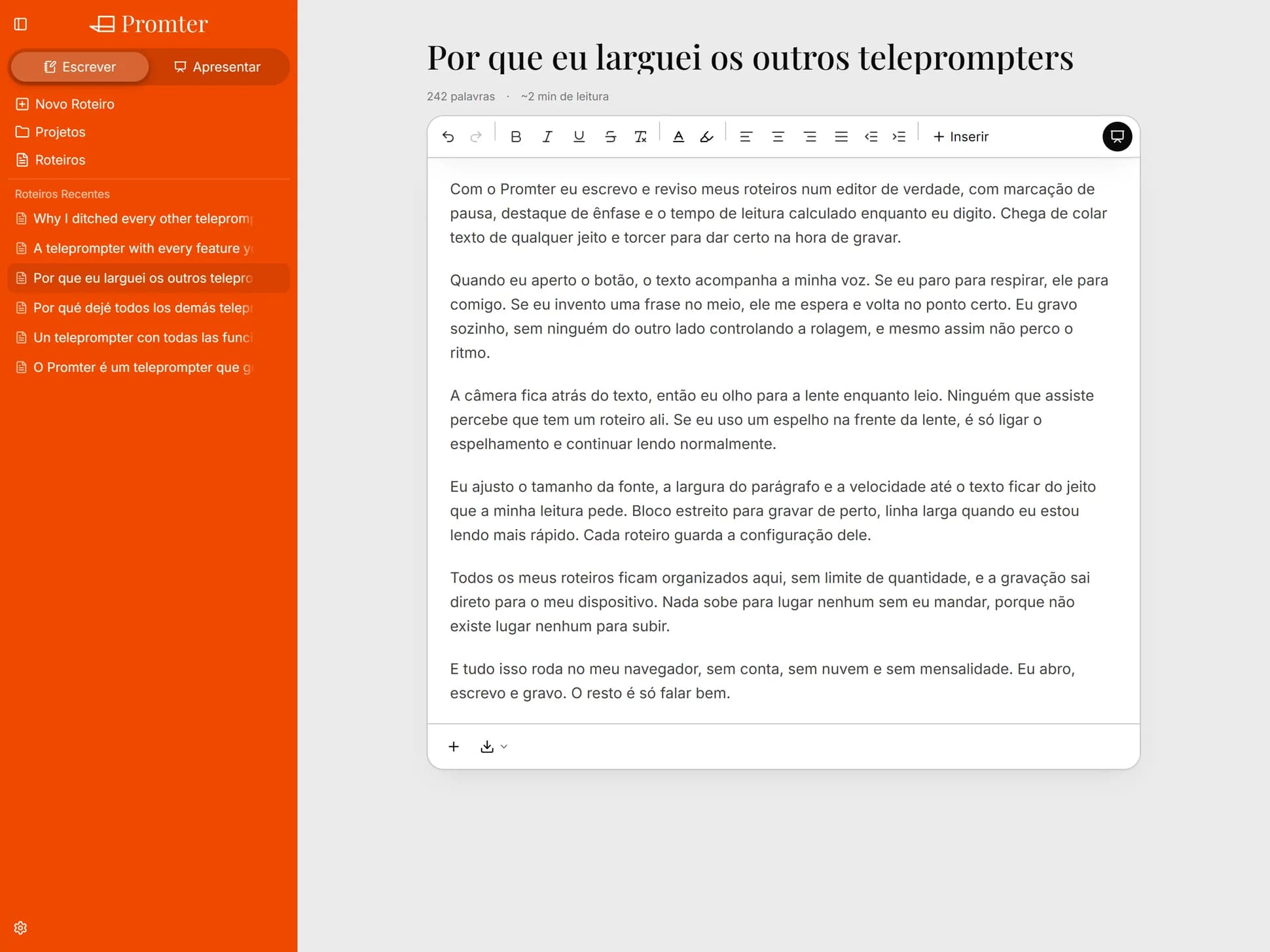 Editor de roteiro do Promter com a barra de formatação aberta, a lista de roteiros na barra lateral e o texto formatado no meio da tela.