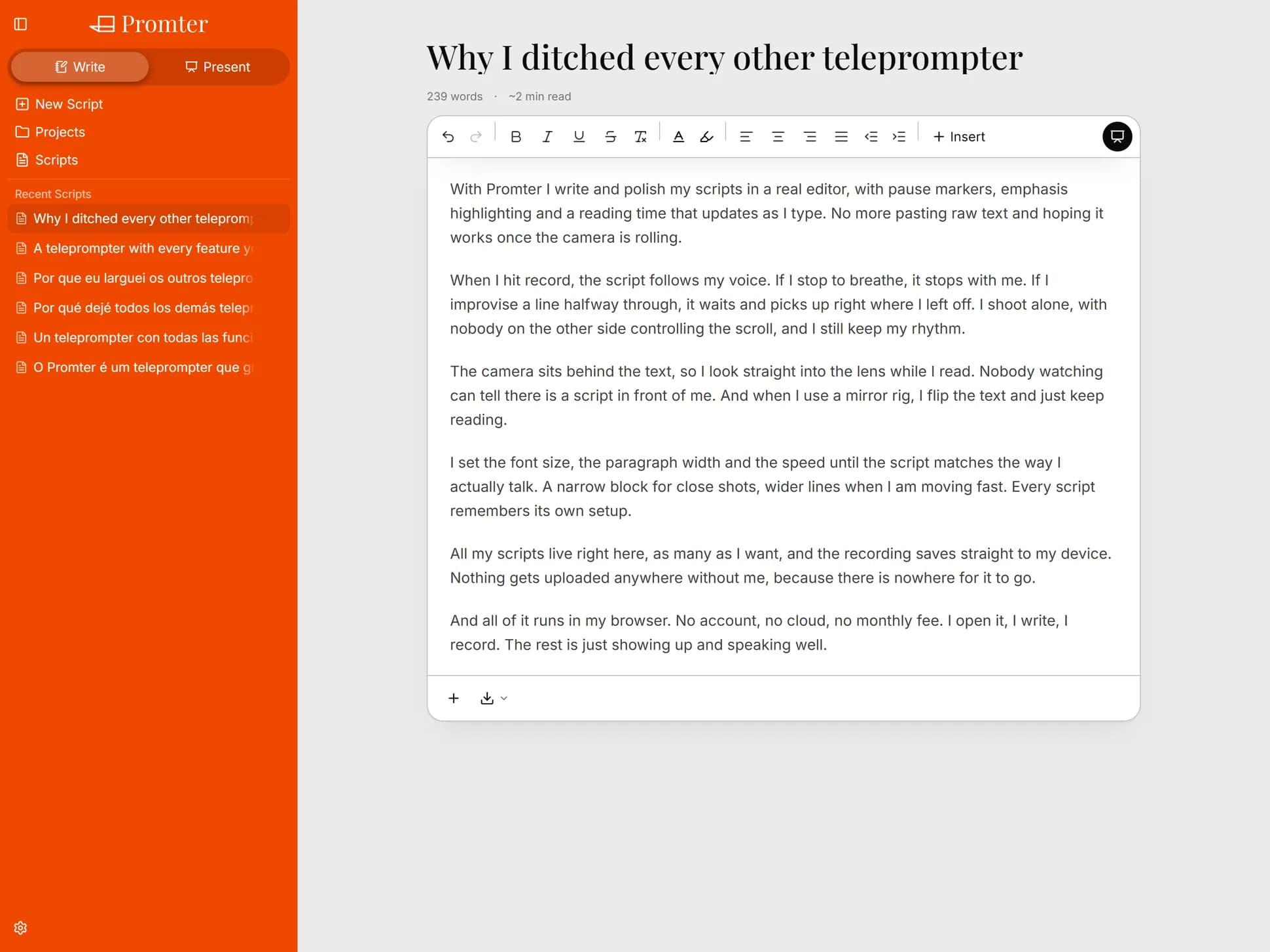 Promter's script editor with the formatting bar open, the script list in the sidebar and formatted text in the middle of the screen.