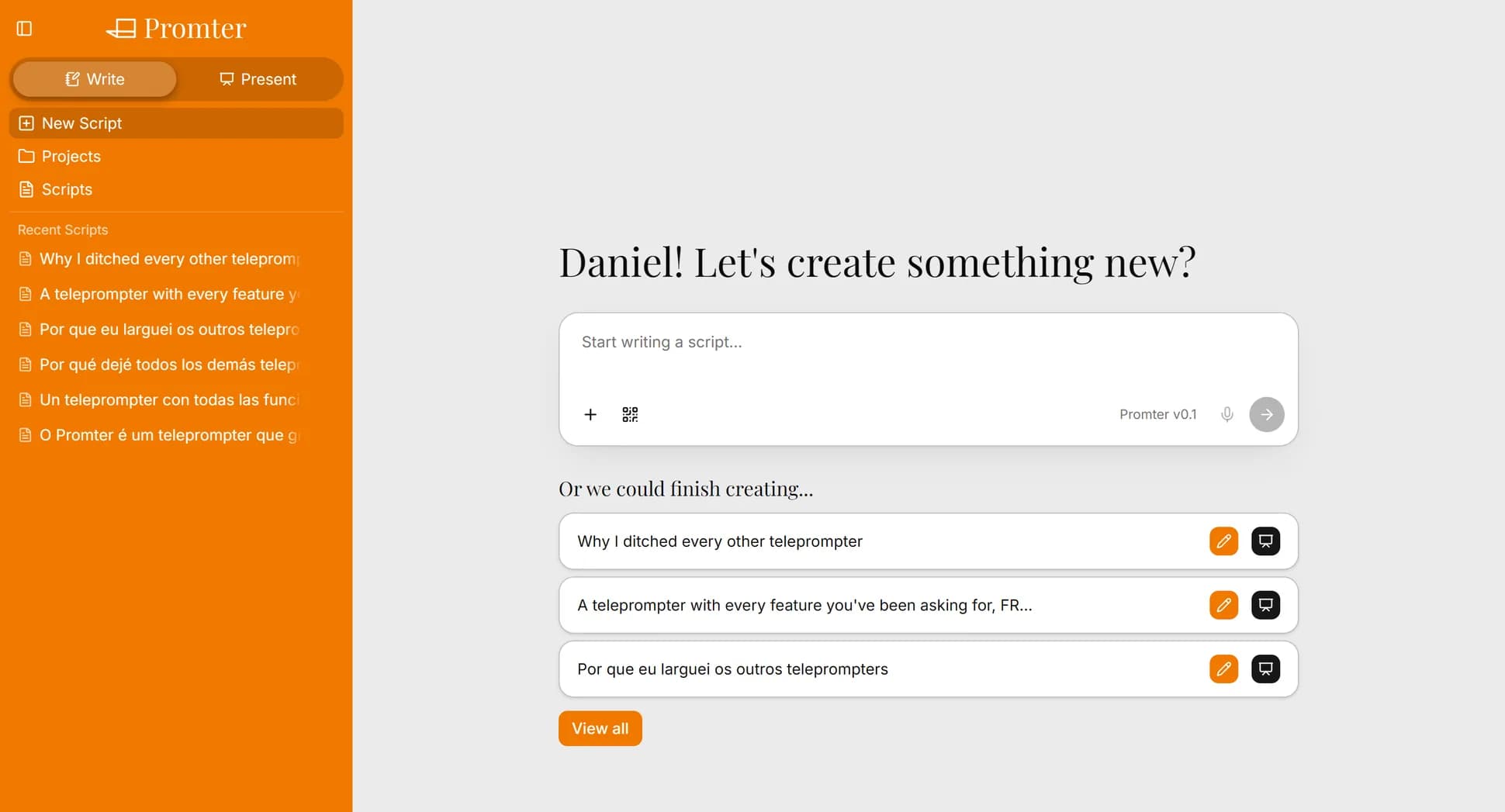 Promter's home screen open in the browser, with the script list in the sidebar and the field to start writing.