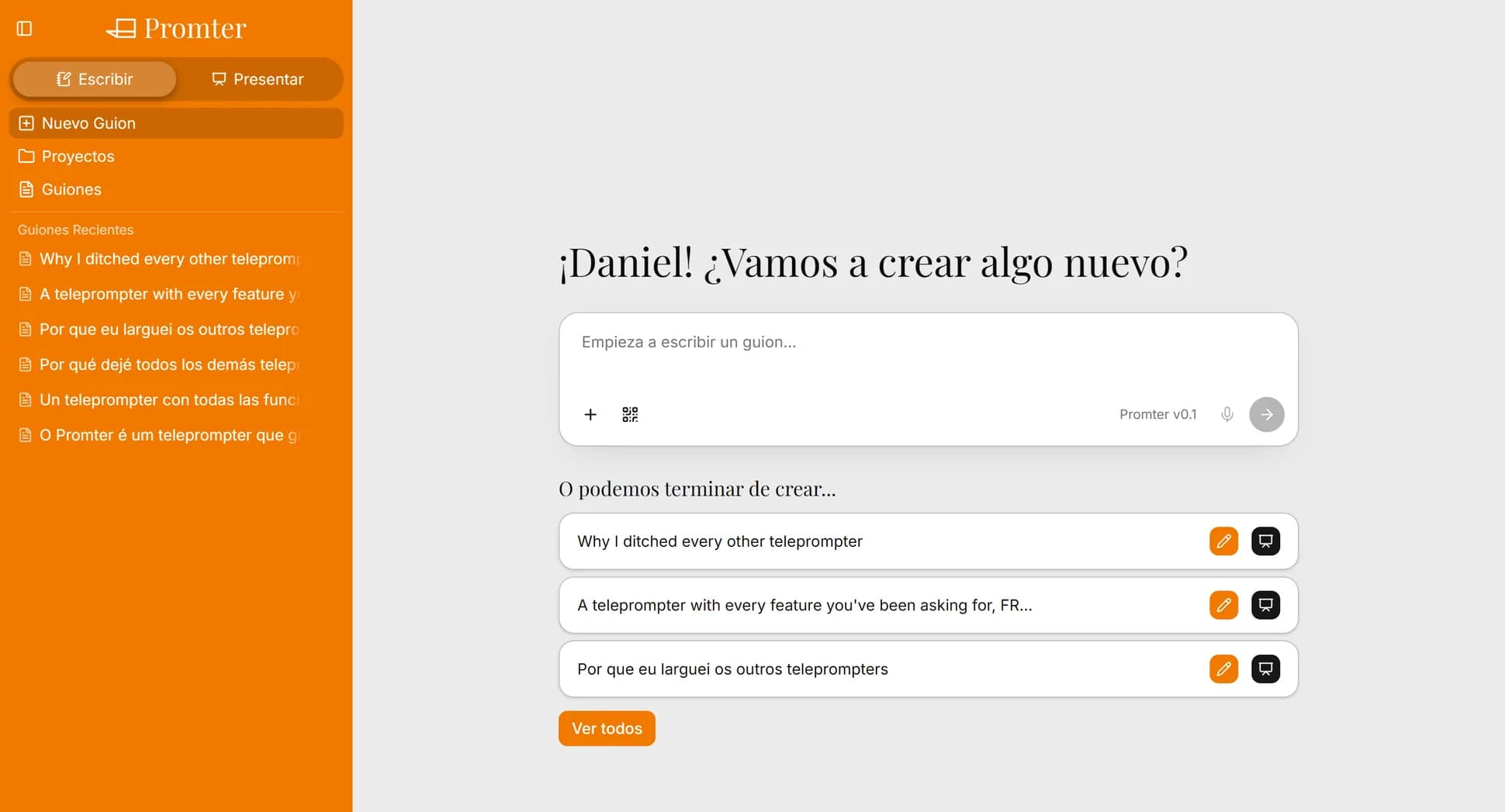 Pantalla de inicio de Promter abierta en el navegador, con la lista de guiones en la barra lateral y el campo para empezar a escribir.